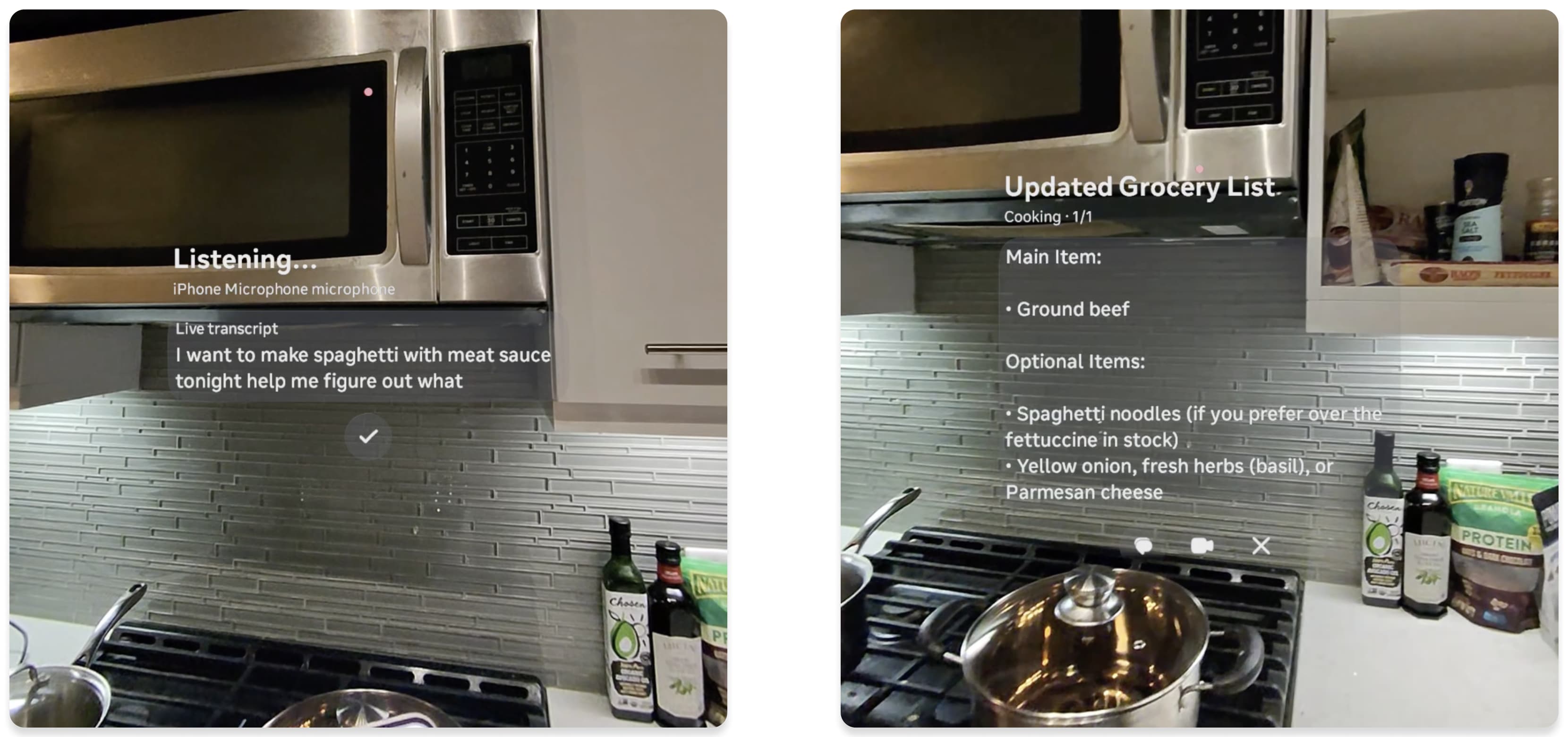 Ivy's smart-glasses interface supports voice requests, captured visual context, and agent response cards.