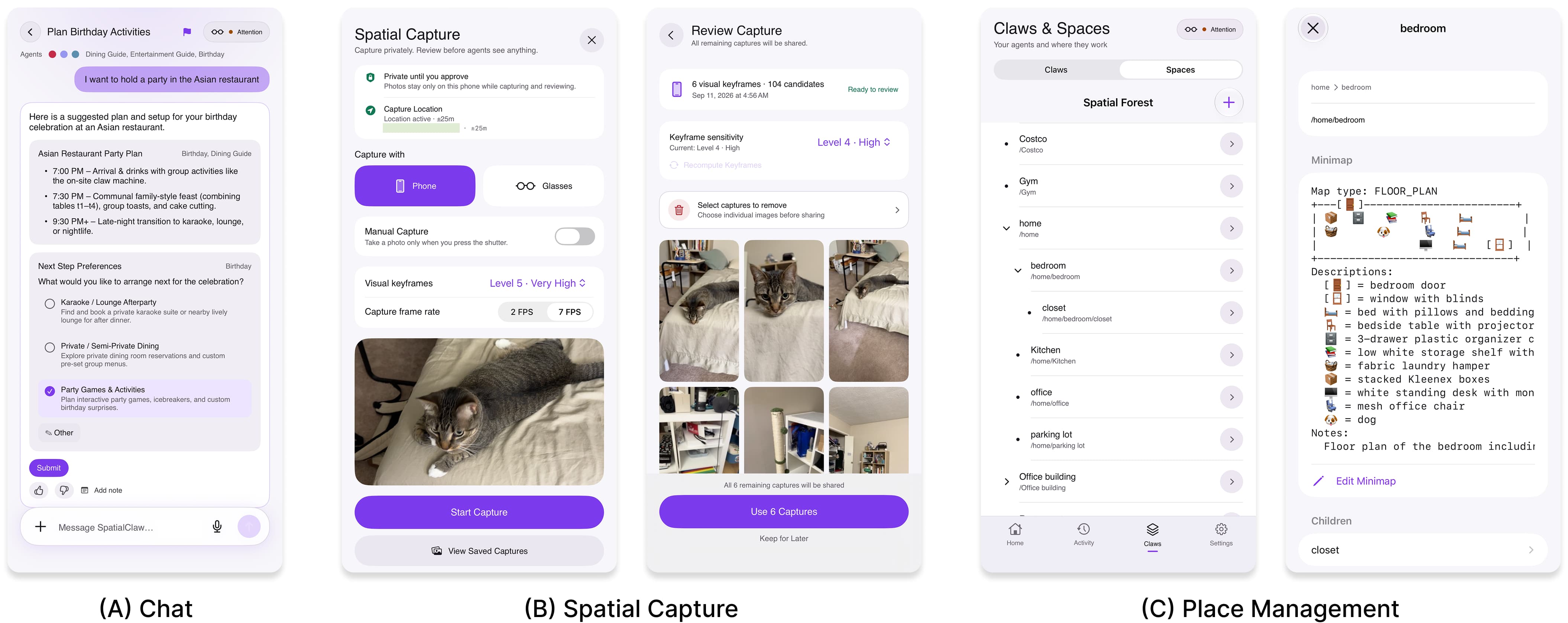 Ivy's phone interface supports agent conversations, Spatial Capture with photo review, and place and memory management.